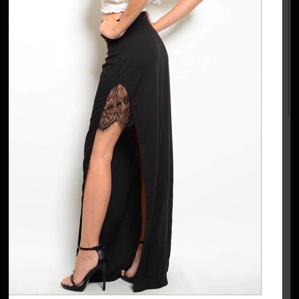 Black slitted maxi skirt with lace inserts
